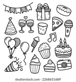 Set of party element vector illustrations in cute doodle style isolated on white background