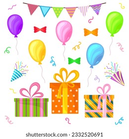 Set of party elements. Colorful ballons, bows, gifts with different packaging, garland, serpentine. White isolated background. Suit for poster, card, banner.