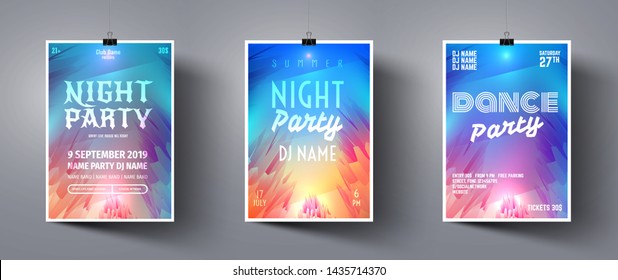 Set party flyer or poster on blue, purple and orange background. Celebration template. Flyer layout template. Poster advertising design. Party invitation banner. Dance music event cover. Vector set.