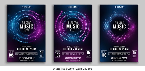 Set of party flyers with futuristic glowing circles. Festival poster templates. Digital banner with glowing dots into cyberspace. Music event invitation. Vector illustration. EPS 10.