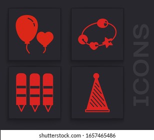 Set Party hat, Globos en forma de corazón, Rattle baby juguy Crayones de cera para el dibujo icono. Vector