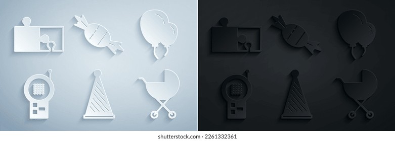 Set Party hat, Balloons with ribbon, Baby Monitor Walkie Talkie, stroller, Candy and Piece of puzzle icon. Vector