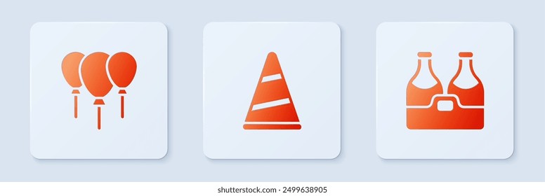 Set Party hat, Balloons with ribbon and Champagne bottle. White square button. Vector