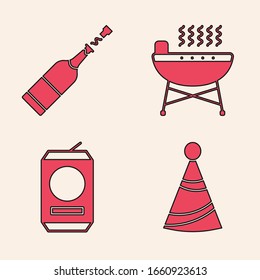 Set Party hat , Champagne bottle , Barbecue grill  and Beer can  icon. Vector