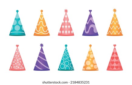 Set von Partyhut. Kollektion von festlichen Kleidung, Festival und Veranstaltung. Neujahr, Weihnachten, Geburtstag. Aufkleber für soziale Medien Cartoon-FlachVektorgrafiken einzeln auf weißem Hintergrund