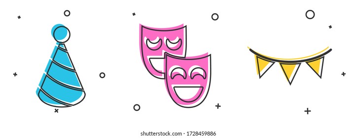 Set Party hat, Comedy theatrical masks and Carnival garland with flags icon. Vector