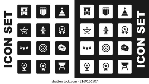 Set Party hat, Fire hydrant, USA Independence day, American flag, Medal with star, Shield stars, label and Carnival garland flags icon. Vector