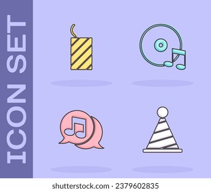 Set Party hat, Firework rocket, Musical note in speech bubble and Vinyl disk icon. Vector