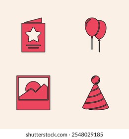 Conjunto Sombrero del partido, tarjeta de felicitación, globos con cinta e icono de foto. Vector