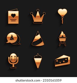 Set Party hat, Ice cream in waffle cone, Piece of cake, Barbecue grill, Microphone, Slice pizza, Balloons form heart and Postcard with icon. Vector