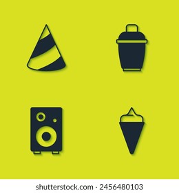 Set Party hat, Ice cream in waffle cone, Stereo speaker and Cocktail shaker icon. Vector