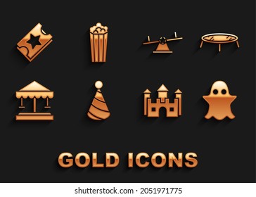 Set Party hat, Jumping trampoline, Ghost, Castle, Attraction carousel, Seesaw, Ticket and Popcorn cardboard box icon. Vector
