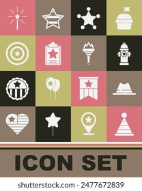 Set Party hat, Man with ribbon, Fire hydrant, Hexagram sheriff, USA Independence day, American star shield, Firework and Torch flame icon. Vector