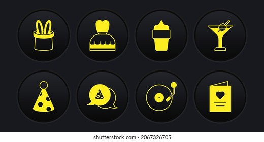 Set Party hat, Martini glass, Slice of pizza, Vinyl player with disk, Ice cream waffle cone, Woman dress, Postcard heart and Magician and rabbit ears icon. Vector