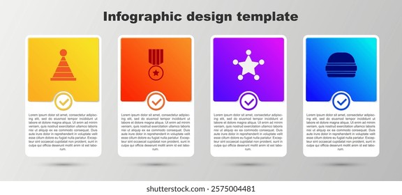 Set Party hat, Medal with star, Hexagram sheriff and Burger. Business infographic template. Vector