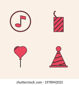 Set Party hat, Music note, tone, Firework rocket and Balloon in form of heart icon. Vector