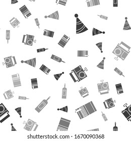 Set Party hat , Open cigarettes pack box , Photo camera  and Bottle of wine  on seamless pattern. Vector