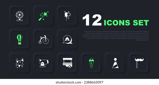 Set Party hat, Paper mustache on stick, Vintage bicycle, Ice cream waffle, Hot air balloon, Cannon, Magic wand and Fast street food cart icon. Vector