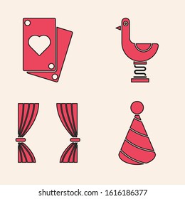 Set Party hat, Playing card, Riding kid duck and Curtain icon. Vector