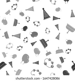 Set Party hat, Rattle baby toy, Cake with burning candles and Balloons with ribbon on seamless pattern. Vector