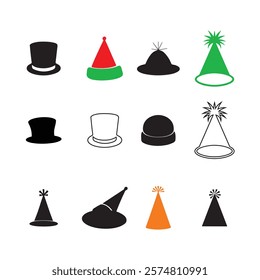 A set of party hat and star icons in different colors (red, black, gold, green) and various styles (solid color, striped party hat).