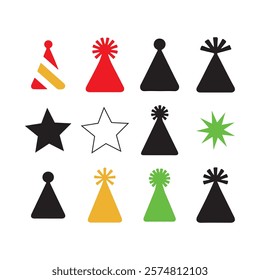 A set of party hat and star icons in different colors (red, black, gold, green) and various styles (solid color, striped party hat).