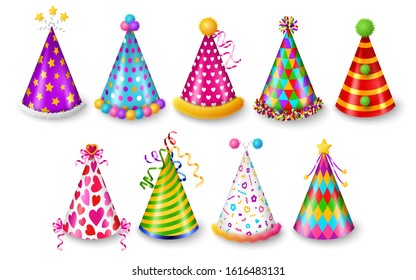 Set of party hats isolated on white background, New year and Carnival celebration elements. Vector illustration. Colorful caps with patterns, funny holidays design