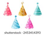 Set of party hats. Vector funny colorful birthday decorations, set of hats in watercolor style for design and invitations, isolated on white