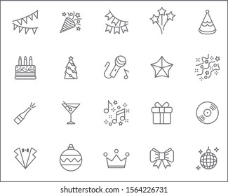 Set of party and holiday Icons line style. Included the icons as cake, cocktail, music, firework, gift,decoration  and more.