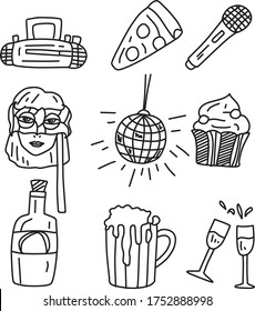A Set of party icon set/template suitable for nature, party, holiday, horror, animal, park, outdoor, horror, sky, science, furniture, food and drink content with doodle cartoon style