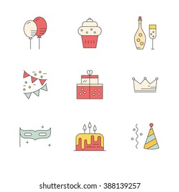 Set of party icons made in line style vector. Celebration symbols. Design elements for event planning company or birthday party.