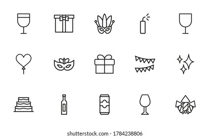 Set of party icons in modern thin line style. High quality black outline birthday symbols for web site design and mobile apps. Simple party pictograms on a white background.