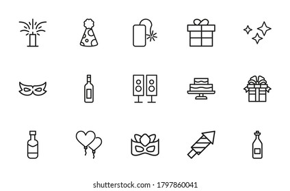 Set of party icons in modern thin line style. High quality black outline birthday symbols for web site design and mobile apps. Simple party pictograms on a white background.