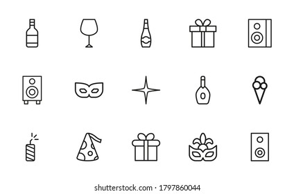 Conjunto de íconos de partido en estilo moderno de línea delgada. Símbolos negros de alto nivel para el diseño de sitios web y aplicaciones móviles. Pictogramas simples de fiesta sobre un fondo blanco.