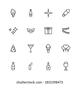Set of party icons in modern thin line style. High quality black outline birthday symbols for web site design and mobile apps. Simple party pictograms on a white background.