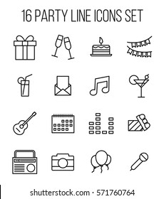Set of party icons in modern thin line style. High quality black outline birthday symbols for web site design and mobile apps. Simple party pictograms on a white background.