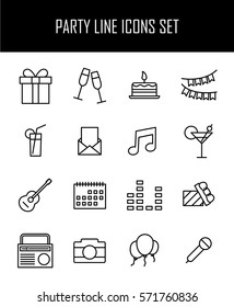 Set of party icons in modern thin line style. High quality black outline birthday symbols for web site design and mobile apps. Simple party pictograms on a white background.