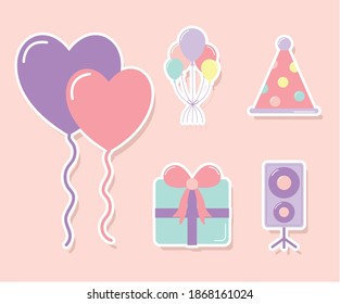set of party icons on ligth pink background vector illustration design