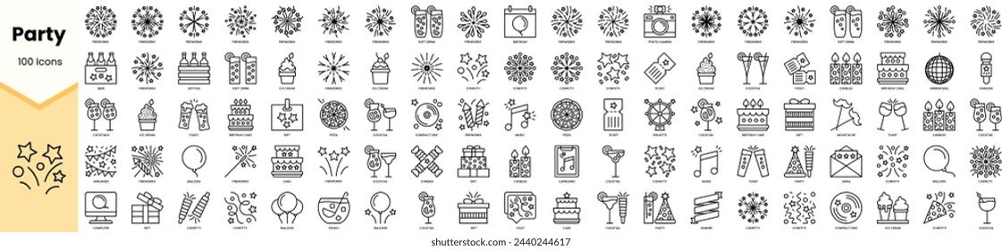 Conjunto de iconos de fiesta. Paquete de iconos de estilo de arte de línea simple. Ilustración de vector