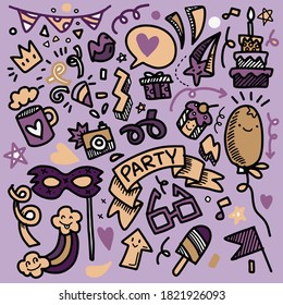 Set of Party illustration Hand drawn doodle Sketch line vector
