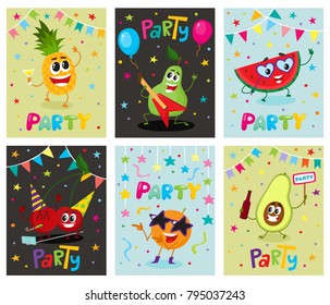 Set of party invitation, banner, flayer templates with cartoon fruit characters having fun, vector illustration. Set of party flyers, banners, invitations with funny fruit characters