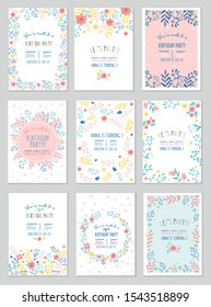 Set Of Party Invitation With Cute Floral Design In Pastel Colors Vector Illustration