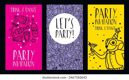 Set of party invitations with cute doodle monkey, can be used as birthday party cards, vector illustration