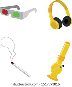 Set of party items. 3D glasses, music and Smoking. Design for postcards and prints.