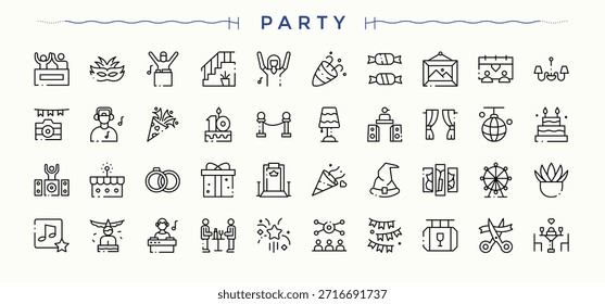 Set of Party line icon. Featuring festival, firework, entertainment, birthday, celebration, fun, entertain and more. Outline icons in linear style. Entertain icon set. Editable stroke vector art.