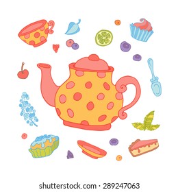 A set of party objects for tea time hand drawn isolated on white background - teapot, cup, cakes and berries