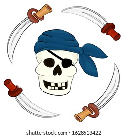 Set for a party of pirates. Vector pirate skull in the center and sharp sabers in a circle. Blue headscarf on the head, blindfold in one eye. Isolated on a white background.
