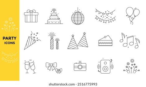 Conjunto de iconos web de planificación de fiesta en estilo lineal. Iconos de organización de eventos para Web y App móvil. Dirección, boda, animación, catering, invitaciones, catering, coordinación Ilustración vectorial