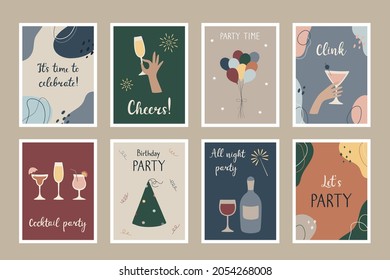 A set of party postcards.  Templates for party invitations, greeting cards, posters. Hand-drawn shapes and lines.  Vector illustration