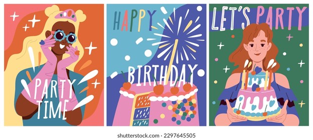 Set of party posters. Colorful covers with happy smiling girl, birthday cake with candles and delicious dessert for holiday. Greeting Cards. Cartoon flat vector collection isolated on white background